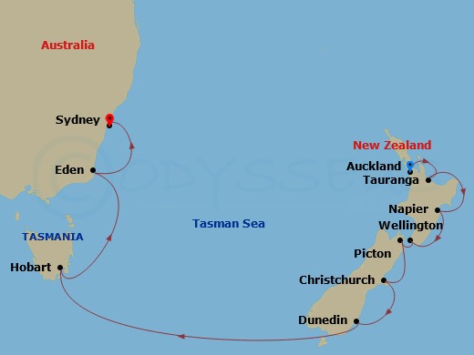 Azamara Onward - 15 Night - New Zealand & Australia Cruise : Wellington, Christchurch & Hobart - Azamara Onward - Starting in Auckland, Tauranga, Napier, Wellington, Picton, C.. itinerary map