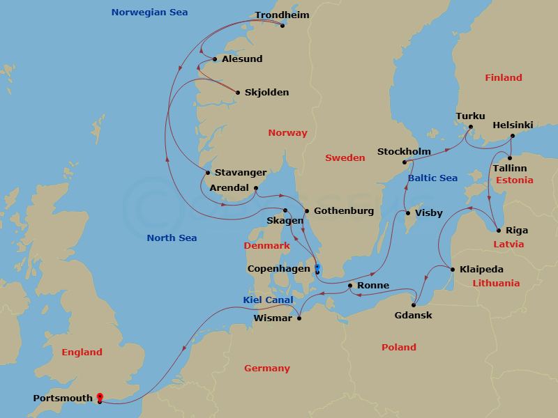 25 Night - Denmark, Norway & Sweden Cruise : Copenhagen, Trondheim & Stockholm - Azamara Quest - Starting in Copenhagen, Skagen, Skjolden, Alesund, Trondheim, Stavanger, Arendal, Gothenburg, Copenhagen, Visby, Sweden, Stockholm, Turku, Helsinki, Tallinn, Riga, Klaipeda, Gdansk, Ronne, Bornholm, Wismar, Kiel Canal Cruising, Portsmouth UK itinerary map