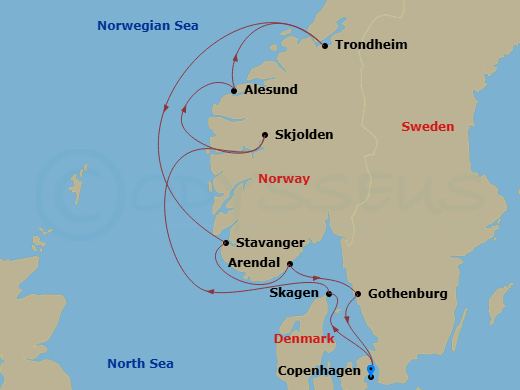 10 Night - Denmark, Norway & Sweden Cruise : Copenhagen, Trondheim & Gothenburg - Azamara Quest - Starting in Copenhagen, Skagen, Skjolden, Alesund, Trondheim, Stavanger, Arendal, Gothenburg, Copenhagen itinerary map