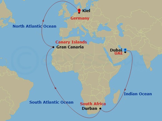MSC Euribia - 28 Night - Lay Up - MSC Euribia - Starting in Dubai, United Arab Emirates, Durban, South Africa, Las Palmas de Gran Canaria (Canary Islands), Spain, Kiel, Ger.. itinerary map