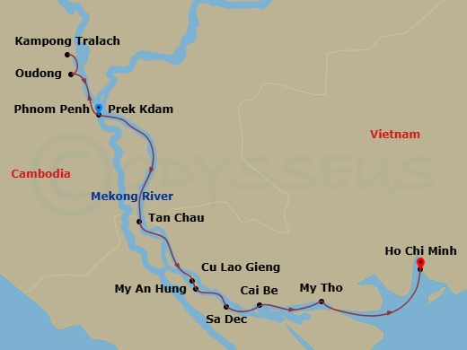 7 Night - Majestic Mekong Cruise - Emerald Harmony - Starting in Phnom Penh / Rokar Koang / Embarkation, Kampong Tralach / Oudong / Phnom Penh, Phnom Penh, Cross Vietnam / Cambodia Border / Tan Chau, Gieng Island / My An Hung, Sa Dec / Cai Be, My Tho / Ho Chi Minh City, Ho Chi Minh City Disembarkation itinerary map