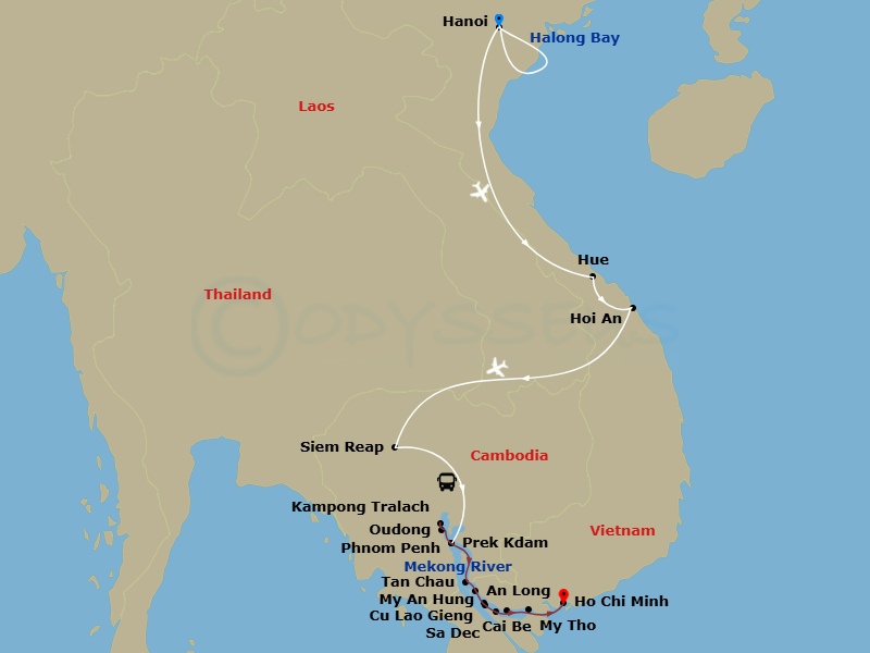 20 Night - Grand Tour of Vietnam & Cambodia - Emerald Harmony - Starting in Hanoi, Hanoi / Halong Bay, Halong Bay, Halong Bay / Hanoi, Hanoi / Hue, Hue / Hoi An, Hoi An, Hoi An / Siem Reap, Siem Reap, Siem Reap / Rokar Koang / Mekong Cruise, Kampong Tralach / Oudong / Phnom Penh, Phnom Penh, Cross Vietnam / Cambodia Border / Tan Chau, Gieng Island / My An Hung, Sa Dec / Cai Be, My Tho / Ho Chi Minh City, Ho Chi Minh City Disembarkation, Ho Chi Minh City, Depart Ho Chi Minh City itinerary map