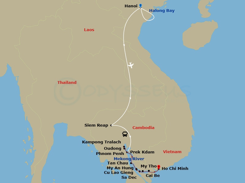 16 Night - Treasures & Temples of Vietnam & Cambodia - Emerald Harmony - Starting in Hanoi, Hanoi / Halong Bay, Halong Bay, Halong Bay / Hanoi, Hanoi / Siem Reap, Siem Reap, Siem Reap / Rokar Koang / Embarkation, Kampong Tralach / Oudong / Phnom Penh, Phnom Penh, Cross Vietnam / Cambodia Border / Tan Chau, Gieng Island / My An Hung, Sa Dec / Cai Be, My Tho / Ho Chi Minh City, Ho Chi Minh City Disembarkation, Ho Chi Minh City, Depart Ho Chi Minh City itinerary map