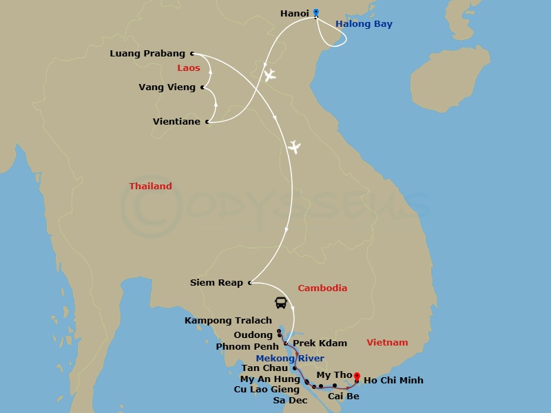 22 Night - Indochina Mekong Journey - Emerald Harmony - Starting in Hanoi, Hanoi / Halong Bay, Halong Bay, Halong Bay / Hanoi, Hanoi, Hanoi / Vientiane, Vientiane / Vang Vieng, Vang Vieng / Luang Prabang, Luang Prabang, Luang Prabang / Siem Reap, Siem Reap, Siem Reap / Rokar Koang / Embarkation, Kampong Tralach / Oudong / Phnom Penh, Phnom Penh, Cross Vietnam / Cambodia Border / Tan Chau, Gieng Island / My An Hung, Sa Dec / Cai Be, My Tho / Ho Chi Minh City, Ho Chi Minh City Disembarkation, Ho Chi Minh City, Depart Ho Chi Minh City itinerary map