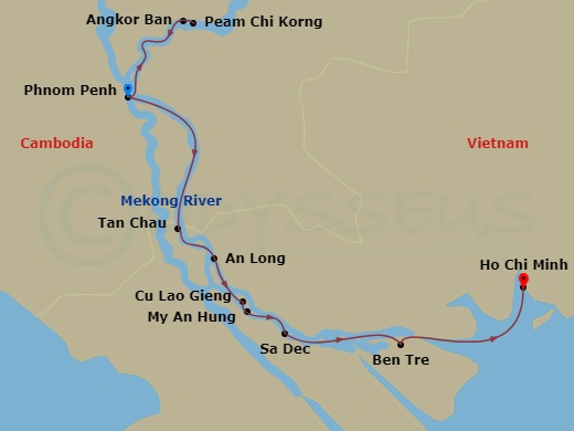 Emerald Harmony - 9 Night - Meandering Majestic Mekong Cruise - Emerald Harmony - Starting in Phnom Penh / Peam Chi Korng / Embarkation, Angkor Ban / Phnom Penh, Phnom Penh, Ph.. itinerary map
