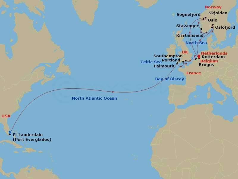 HAL Rotterdam - 21 Night - Norwegian Fjords & Transatlantic Collectors' Voyage - HAL Rotterdam - Starting in Fort Lauderdale, Florida, Falmouth, England, United Kingdom, Port.. itinerary map