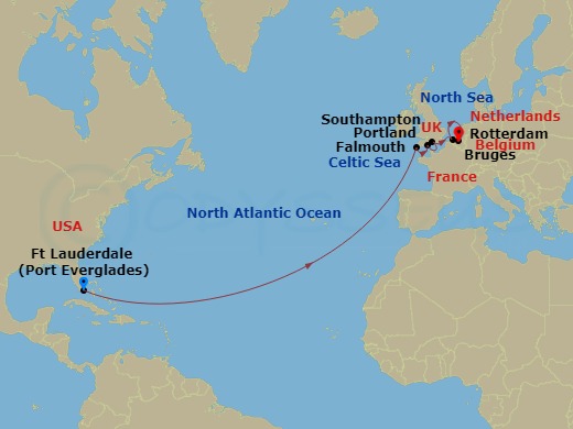 HAL Rotterdam - 14 Night - Cultural Crossing with London & Brugge - HAL Rotterdam - Starting in Fort Lauderdale, Florida, Falmouth, England, United Kingdom, Portland UK (Weym.. itinerary map
