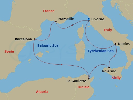 MSC Virtuosa - 7 Night - Mediterranean - MSC Virtuosa - Starting in Livorno (Florence), Italy, Marseille (Provence), France, Barcelona, Spain, La Goulette, Tunisia, Palermo.. itinerary map