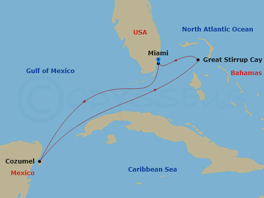 NCL Norwegian Joy - 5 Night - Western Caribbean - Miami - NCL Norwegian Joy - Starting in Miami, Fl, Cozumel, Mexico, Great Stirrup Cay, Bahamas, Miami, Fl itinerary map