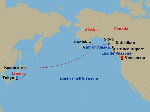 HAL Noordam - 14 Night - North Pacific Crossing - HAL Noordam - Starting in Tokyo, Japan, Kushiro, Japan, Cross International Dateline, Kodiak, Alaska, Sitka, Alaska, Ketch.. itinerary map