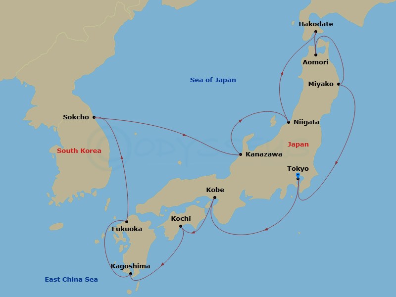 HAL Noordam - 14 Night - Circle Japan - HAL Noordam - Starting in Tokyo, Japan, Kobe, Japan, Kochi, Japan, Kagoshima, Japan, Fukuoka (Hakata), Japan, Sokcho, South Korea, K.. itinerary map
