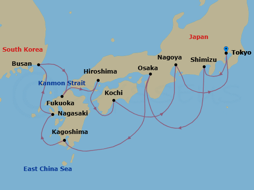 14 Night - Southern Japan - Noordam - Starting in Tokyo, Japan, Shimizu, Japan, Osaka, Japan, Kagoshima, Japan, Nagasaki, Japan, Busan (Pusan), South Korea, Fukuoka (Hakata), Japan, Scenic Cruising Kanmon Straits, Hiroshima, Japan, Kochi, Japan, Nagoya, Japan, Tokyo, Japan itinerary map