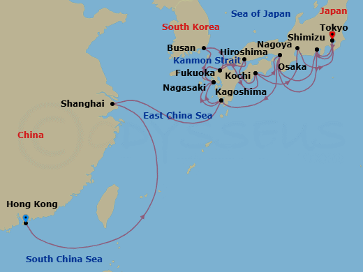 28 Night - China & Japan Far East Discovery - Noordam - Starting in Hong Kong, China, Shanghai, China, Kagoshima, Japan, Nagasaki, Japan, Fukuoka (Hakata), Japan, Scenic Cruising Kanmon Straits, Kochi, Japan, Osaka, Japan, Shimizu, Japan, Tokyo, Japan, Shimizu, Japan, Osaka, Japan, Kagoshima, Japan, Nagasaki, Japan, Busan (Pusan), South Korea, Fukuoka (Hakata), Japan, Scenic Cruising Kanmon Straits, Hiroshima, Japan, Kochi, Japan, Nagoya, Japan, Tokyo, Japan itinerary map