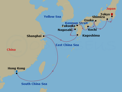 14 Night - China & Japan Discovery : Shanghai & Osaka Overnight - Noordam - Starting in Hong Kong, China, Shanghai, China, Kagoshima, Japan, Nagasaki, Japan, Fukuoka (Hakata), Japan, Scenic Cruising Kanmon Straits, Kochi, Japan, Osaka, Japan, Shimizu, Japan, Tokyo, Japan itinerary map