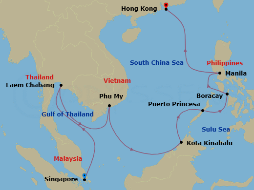 14 Night - Thailand, Malaysia & the Philippines - Noordam - Starting in Singapore, Laem Chabang (Bangkok), Thailand, Phu My, Vietnam, Kota Kinabalu, Malaysia, Puerto Princesa, Philippines, Boracay, Philippines, Manila, Philippines, Hong Kong, China itinerary map