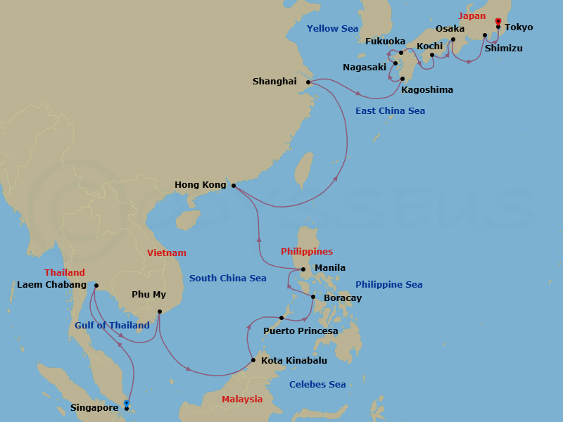 28 Night - Thailand, Malaysia & the Philippines - Noordam - Starting in Singapore, Laem Chabang (Bangkok), Thailand, Phu My, Vietnam, Kota Kinabalu, Malaysia, Puerto Princesa, Philippines, Boracay, Philippines, Manila, Philippines, Hong Kong, China, Shanghai, China, Kagoshima, Japan, Nagasaki, Japan, Fukuoka (Hakata), Japan, Scenic Cruising Kanmon Straits, Kochi, Japan, Osaka, Japan, Shimizu, Japan, Tokyo, Japan itinerary map