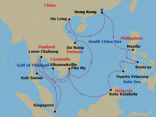 28 Night - Far East Discovery, Vietnam, Thailand & Cambodia - Noordam - Starting in Hong Kong, China, Halong Bay, Vietnam, Da Nang (Hue), Vietnam, Phu My, Vietnam, Sihanoukville, Cambodia, Laem Chabang (Bangkok), Thailand, Nathon (Koh Samui), Thailand, Singapore, Laem Chabang (Bangkok), Thailand, Phu My, Vietnam, Kota Kinabalu, Malaysia, Puerto Princesa, Philippines, Boracay, Philippines, Manila, Philippines, Hong Kong, China itinerary map