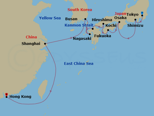 14 Night - Japan, South Korea & China - Noordam - Starting in Tokyo, Japan, Shimizu, Japan, Osaka, Japan, Kochi, Japan, Hiroshima, Japan, Scenic Cruising Kanmon Straits, Fukuoka (Hakata), Japan, Nagasaki, Japan, Busan (Pusan), South Korea, Shanghai, China, Hong Kong, China itinerary map