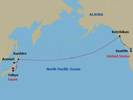13 Night - North Pacific Crossing - Noordam - Starting in Seattle, Washington, Ketchikan, Alaska, Cross International Dateline, Kushiro, Japan, Aomori, Japan itinerary map