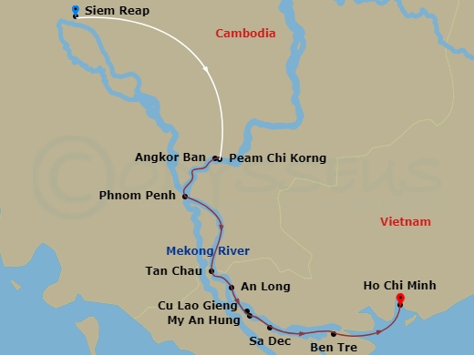 12 Night - Enchanting Mekong and Siem Reap - Emerald Harmony - Starting in Arrive Siem Reap, Siem Reap, Siem Reap / Peam Chi Korng / Mekong Cruise, Angkor Ban / Phnom Penh, Phnom Penh, Phnom Penh / Cross Cambodia / Vietnam Border, Tan Chau, An Long / Gieng Island, My An Hung / Sa Dec, Ben Tre, Cho Gao canal / Ho Chi Minh City, Ho Chi Minh City Disembarkation itinerary map