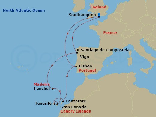 MSC Meraviglia - 12 Night - Northern Europe - MSC Meraviglia - Starting in Southampton (London), United Kingdom, Vigo (Santiago De Compostela), Spain, Funchal (Madeira Islands.. itinerary map
