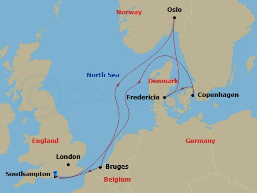 MSC Meraviglia - 7 Night - Northern Europe - MSC Meraviglia - Starting in Southampton (London), United Kingdom, Oslo, Norway, Fredericia, Denmark, Copenhagen, Denmark, Zeebrug.. itinerary map