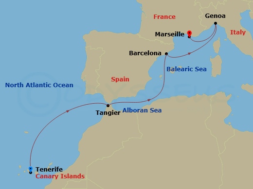 Costa Smeralda - 6 Night - Transatlantic from S. Cruz De Tenerife - Costa Smeralda - Starting in Santa Cruz de Tenerife, Tangier, Barcelona, Genoa, Marseille itinerary map