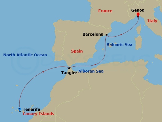 Costa Smeralda - 5 Night - Transatlantic from S. Cruz De Tenerife - Costa Smeralda - Starting in Santa Cruz de Tenerife, Tangier, Barcelona, Genoa itinerary map
