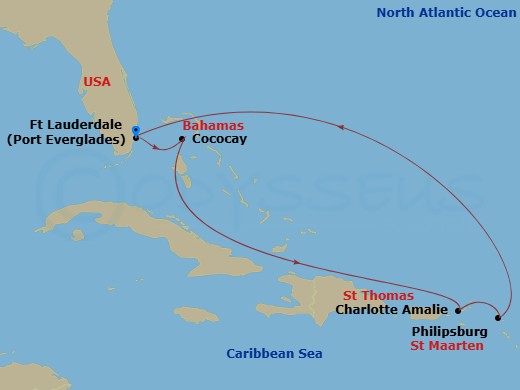 RCL Oasis of the Seas - 7 Night - Eastern Carib & Perfect Day Holiday - RCL Oasis of the Seas - Starting in Fort Lauderdale, Florida, Perfect Day Cococay, Bahamas, Charlotte Amalie,.. itinerary map