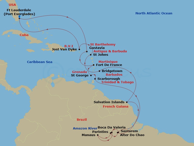 Crystal Symphony - 25 Night - South America - Crystal Symphony - Starting in Fort Lauderdale, Gustavia, St Barthelemy, Fort-de-France, St Georges, Scarborough, Cruising the Bass.. itinerary map