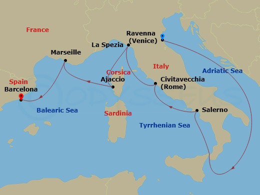RCL Brilliance of the Seas - 7 Night - Italy & France Cruise - RCL Brilliance of the Seas - Starting in Ravenna, Italy, Amalfi Coast (Salerno), Italy, Rome (Civitavecchia), Italy, Florenc.. itinerary map