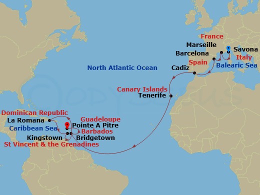 Costa Pacifica - 19 Night - Europe from Savona to Pointe a Pitre - Costa Pacifica - Starting in Savona, Marseille, Barcelona, Cadice, Santa Cruz de Tenerife, Bridgetown, Barba.. itinerary map