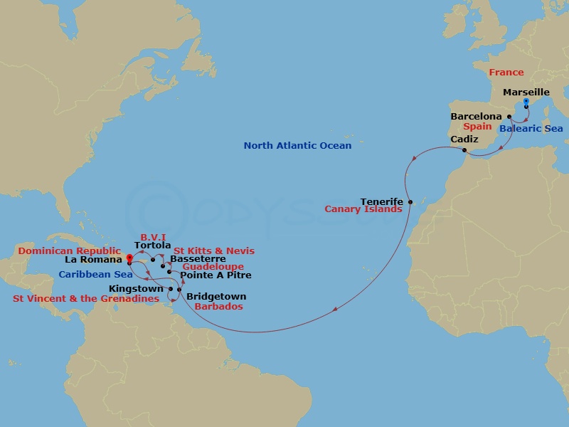 Costa Pacifica - 21 Night - Transatlantic from Marseille - Costa Pacifica - Starting in Marseille, Barcelona, Cadice, Santa Cruz de Tenerife, Bridgetown, Barbados, Casa De Cam.. itinerary map