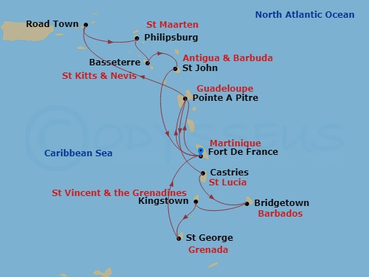 MSC Virtuosa - 14 Night - South Caribbean - MSC Virtuosa - Starting in Fort-de-France, Martinique, Pointe-A-Pitre, Guadeloupe, Road Town (Tortola), British Virgin Islands, P.. itinerary map