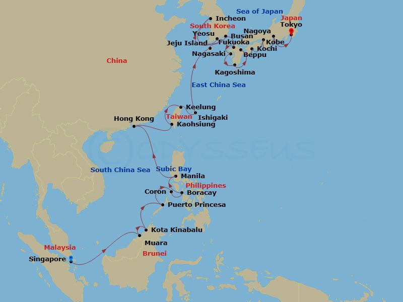 Crystal Symphony - 33 Night - Asia and Asia Pacific from Singapore to Tokyo - Crystal Symphony - Starting in Singapore, Muara, Kota Kinabalu, Puerto Princesa, Coron (Palawan), B.. itinerary map