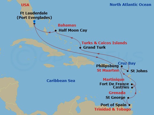 HAL Volendam - 14 Night - Eastern Caribbean : Antilles & Private Island Holiday - HAL Volendam - Starting in Fort Lauderdale, Florida, St John VI (Cruz Bay), US Virgin Islan.. itinerary map