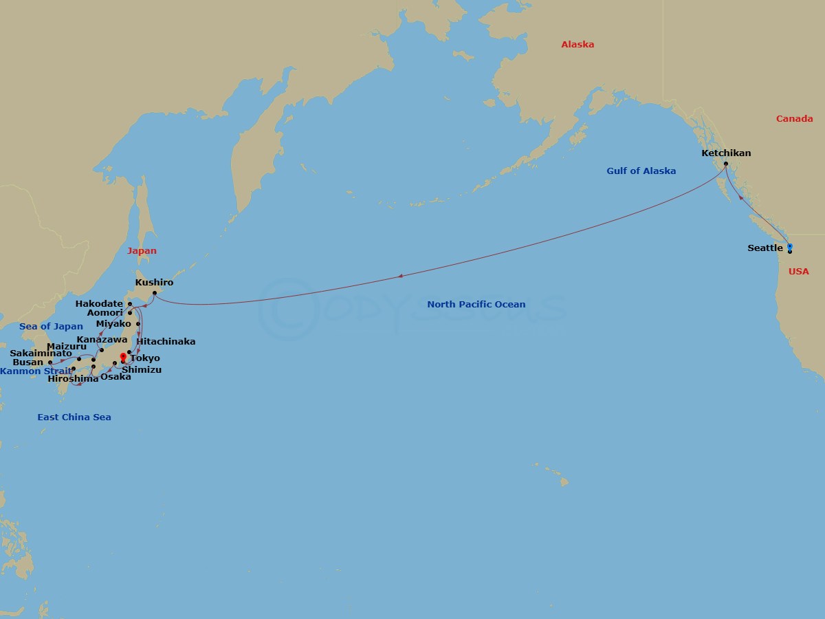 HAL Noordam - 28 Night - North Pacific Crossing & Circle Japan - HAL Noordam - Starting in Seattle, Washington, Ketchikan, Alaska, Cross International Dateline, Kushiro, Ja.. itinerary map
