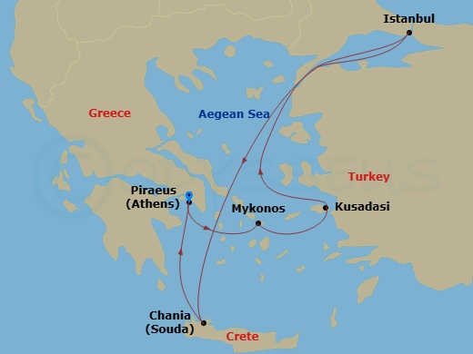 RCL Rhapsody of the Seas - 7 Night - Best of Greece & Turkey Cruise - RCL Rhapsody of the Seas - Starting in Athens (Piraeus), Greece, Mykonos, Greece, Ephesus (Kusadasi), Turkey, Istan.. itinerary map