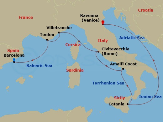 RCL Explorer of the Seas - 7 Night - Italy & France Cruise - RCL Explorer of the Seas - Starting in Barcelona, Spain, Provence (Toulon), France, Nice (Villefranche), France, Rome (Civit.. itinerary map