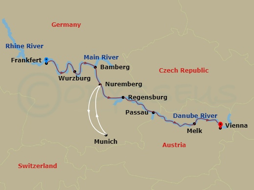 11 Night - Christmastime from Frankfurt to Vienna - Avalon Tranquility II - Starting in Frankfurt, Germany (Embarkation), Main River Village, Wurzburg, Bamberg, Nuremberg, Nuremberg (Disembarkation) Excursion to Munich (Embarkation), Nuremberg, Regensburg, Passau, Melk, Austria, Vienna, Vienna (Disembarkation) itinerary map