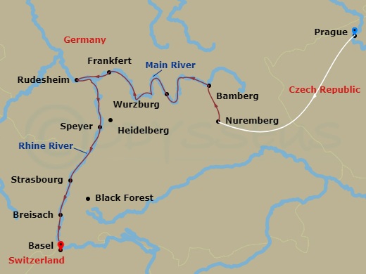 Avalon Tranquility II Cruise Tours - 11 Night - Christmastime from Nuremberg to Basel with in Prague - Avalon Tranquility II Cruise Tours - Starting in Prague, Czech Republic, Prague, Prague / Nu.. itinerary map