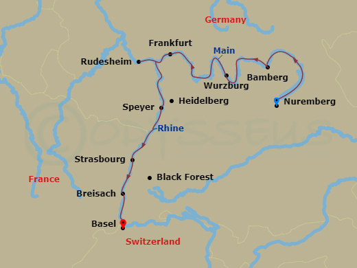 Avalon Tranquility II - 9 Night - Christmastime from Nuremberg to Basel - Avalon Tranquility II - Starting in Nuremberg, Germany (Embarkation), Nuremberg, Bamberg, Wurzburg, Miltenbe.. itinerary map