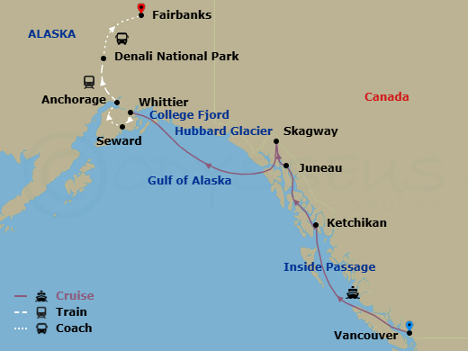 14 Night - Ultimate Denali Dsc - Tour Dsc - Nieuw Amsterdam Tours - Starting in Vancouver, BC, CA, Scenic Cruising the Inside Passage, Ketchikan, Alaska, Juneau, Alaska, Skagway, Alaska, Cruising Hubbard Glacier, College Fjord, Whittier, Alaska, Seward, Anchorage, Alaska, Denali National Park, Fairbanks itinerary map