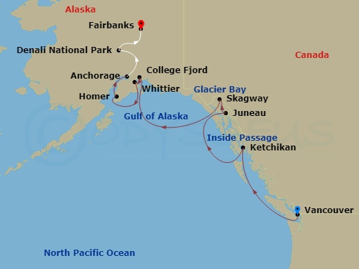 HAL Nieuw Amsterdam Cruise Tours - 14 Night - Ultimate Denali Dhc - Tour Dhc - HAL Nieuw Amsterdam Cruise Tours - Starting in Vancouver, BC, CA, Scenic Cruising the Inside Passage, Ketchikan, A.. itinerary map