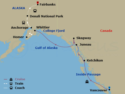14 Night - Ultimate Denali Dhc - Tour Dhc - Nieuw Amsterdam Tours - Starting in Vancouver, BC, CA, Scenic Cruising the Inside Passage, Ketchikan, Alaska, Juneau, Alaska, Skagway, Alaska, Cruising Hubbard Glacier, College Fjord, Whittier, Alaska, Homer, Alaska, Anchorage, Alaska, Denali National Park, Fairbanks itinerary map