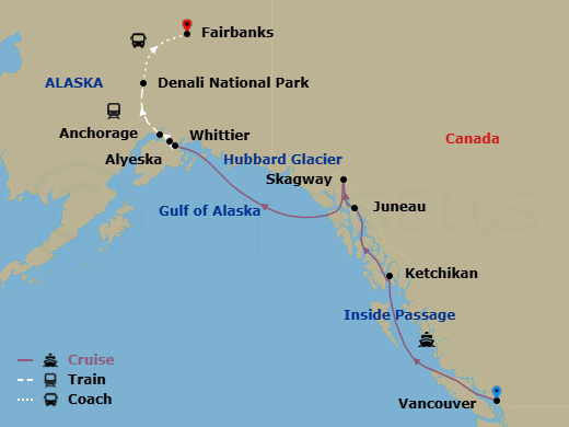 14 Night - Ultimate Denali Dac - Tour Dac - Nieuw Amsterdam Tours - Starting in Vancouver, BC, CA, Scenic Cruising the Inside Passage, Ketchikan, Alaska, Juneau, Alaska, Skagway, Alaska, Cruising Hubbard Glacier, College Fjord, Whittier, Alaska, Alyeska, Anchorage, Alaska, Denali National Park, Fairbanks itinerary map