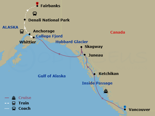11 Night - Signature Denali D5c - Tour D5c - Nieuw Amsterdam Tours - Starting in Vancouver, BC, CA, Scenic Cruising the Inside Passage, Ketchikan, Alaska, Juneau, Alaska, Skagway, Alaska, Cruising Hubbard Glacier, College Fjord, Whittier, Alaska, Anchorage, Alaska, Denali National Park, Fairbanks itinerary map