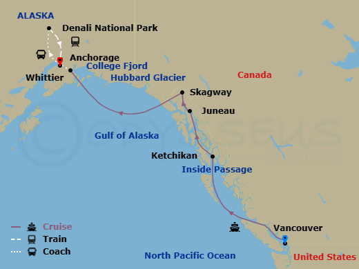 11 Night - Signature Denali D2c - Tour D2c - Nieuw Amsterdam Tours - Starting in Vancouver, BC, CA, Scenic Cruising the Inside Passage, Ketchikan, Alaska, Juneau, Alaska, Skagway, Alaska, Cruising Hubbard Glacier, College Fjord, Whittier, Alaska, Denali National Park, Anchorage, Alaska itinerary map