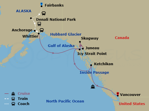 10 Night - Classic Denali D7l - Tour D7l - Westerdam Tours - Starting in Fairbanks, Denali National Park, Anchorage, Alaska, Whittier, Alaska, Cruising Hubbard Glacier, Icy Strait Point, Alaska, Skagway, Alaska, Juneau, Alaska, Ketchikan, Alaska, Scenic Cruising the Inside Passage, Vancouver, BC, CA itinerary map