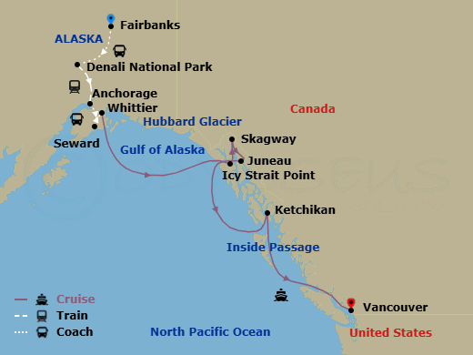 14 Night - Ultimate Denali Dsl - Tour Dsl - Westerdam Tours - Starting in Fairbanks, Denali National Park, Anchorage, Alaska, Seward, Whittier, Alaska, Cruising Hubbard Glacier, Icy Strait Point, Alaska, Skagway, Alaska, Juneau, Alaska, Ketchikan, Alaska, Scenic Cruising the Inside Passage, Vancouver, BC, CA itinerary map